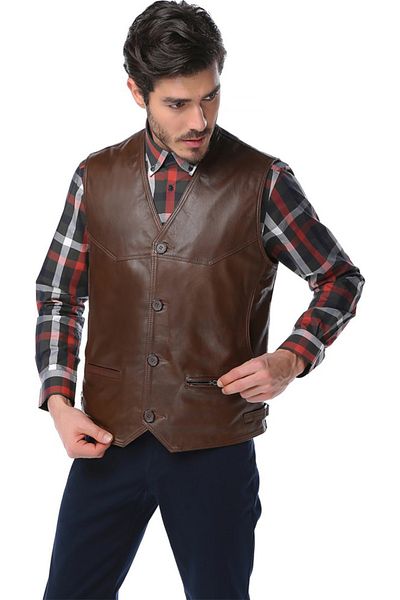 Dericlub Мъжки елек от естествена кожа с копчета, размер "Pull Size", цвят "Camel Antique"