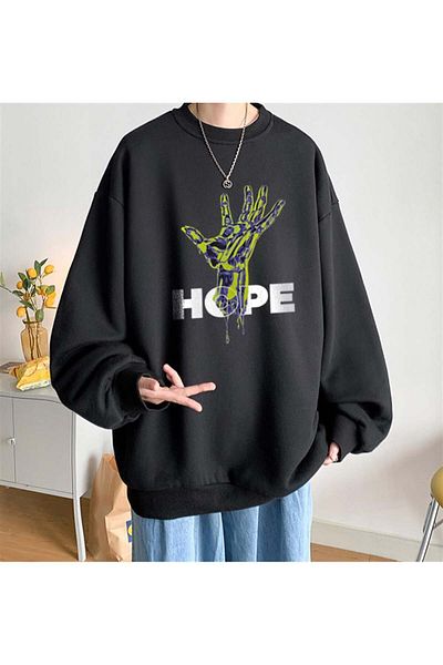 Touz Moda Φούτερ Hope Hand Printed Μαύρο Unisex Oversize Crew Neck Φούτερ