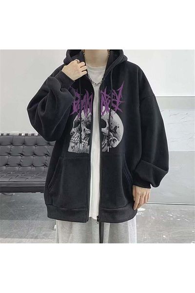 Touz Moda Голяма черна унисекс жилетка с качулка с щампа на безсмъртен череп