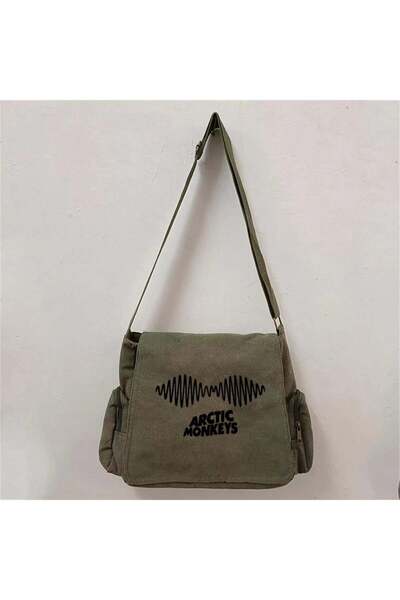 DENOKMODA Arctic Monkeys Album Baskılı Unisex Yeşil Postacı Çantası