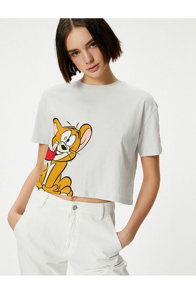 Koton Licencované tričko Crop Tom a Jerry z bavlny s krátkym rukávom a výstrihom