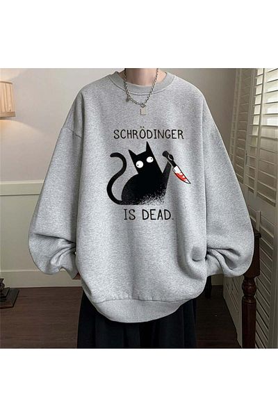 Touz Moda Φούτερ Shrödinger Is Dead με στάμπα γκρι Unisex Oversize με λαιμόκοψη