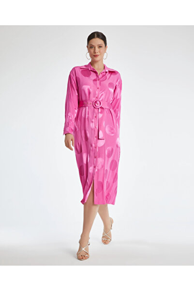 SERPİL Belden Kemerli Puantiyeli Gömlek Yaka Fuşya Saten Elbise 40349