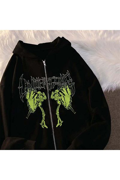 Touz Moda Harajuku Gothic Retro Butterfly Printed Oversize Μαύρη ζακέτα με κουκούλα Unisex με φερμουάρ