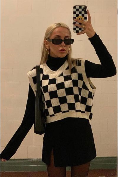 DESTİNE Loots Harajuku Black and White Checked Oversize Unisex Sweater
