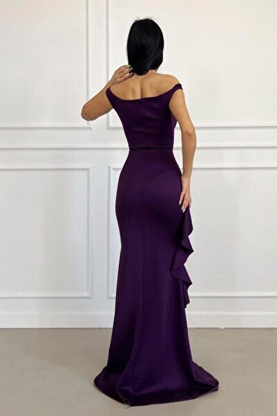 Mossta Boat Neck Cross Detailed Ruffled Slit Mermaid Evening Dress