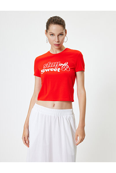 Koton Βαμβακερό κοντομάνικο μπλουζάκι - στάμπα φιόγκου, λαιμόκοψη