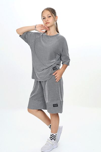 HayKids Girl's Grey-Black Stripe Patterned Crew Neck Short Sleeve Shorts Suit