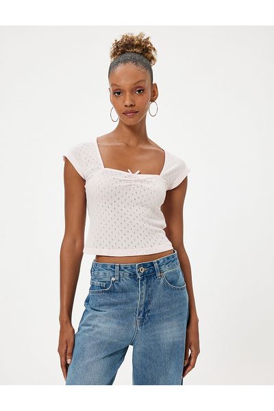 Koton Square Neck Slim Fit Cap Sleeve T-Shirt - Bow Detail