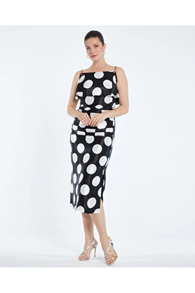 SERPİL Taş İp Askılı Puantiyeli Midi Boy Saten Siyah Elbise 35769