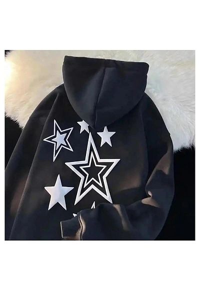 Touz Moda Y2k Harajuku - Stars Black Tech Aesthetic Oversize φούτερ με κουκούλα