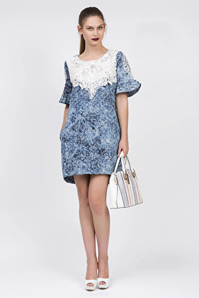 SERPİL Dantel Detaylı Sırt Dekolteli Yandan Cepli Denim Elbise 21806