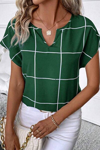 Mossta Πράσινη μικρο μπλούζα - Λαιμόκοψη με ξύστρα, καρό σχέδιο