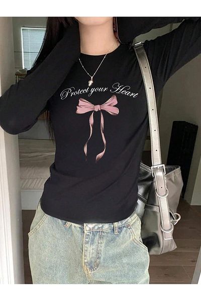 DENOKMODA Long Sleeve Ribbon Printed Blouse Body