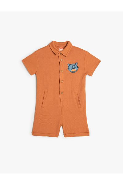 Koton Short Jumpsuit Textured Tiger Appliqued Button Detailed Cotton