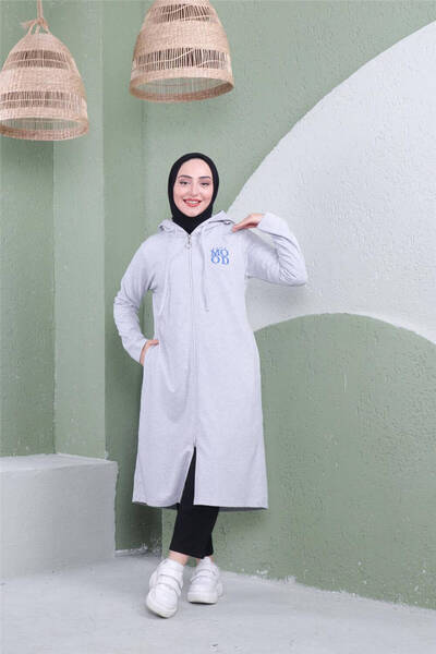 Bwest Yazı Baskılı Fermuarlı Kapşonlu Uzun Sweat - 03081.008 - Gri