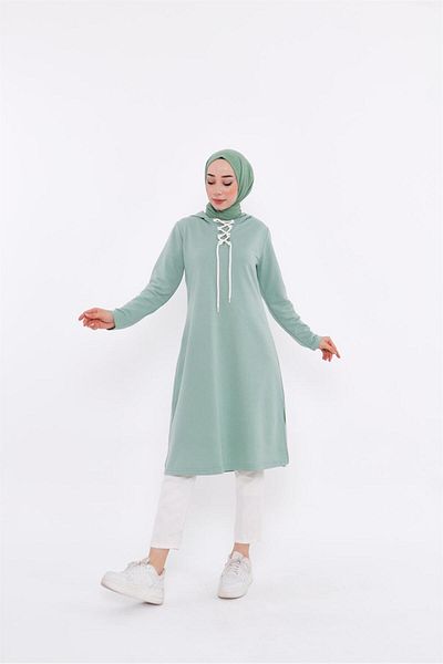 Bwest Green Long Sweatshirt - Collar Tie and Hoodie - Eflin 03030.100