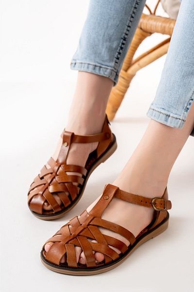 ELLOLİTA LUXURY SHOES 205-02 Tan Orthopedic Genuine Leather Women's Sandals