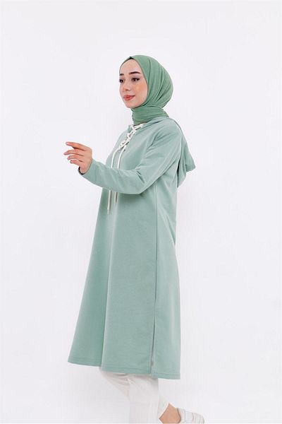 Bwest Green Long Sweatshirt - Collar Tie and Hoodie - Eflin 03030.100