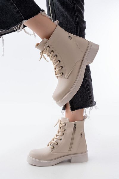 serkanseyyid Καθημερινές γυναικείες μπότες 02-2003 Beige Galata Lace Up με φερμουάρ
