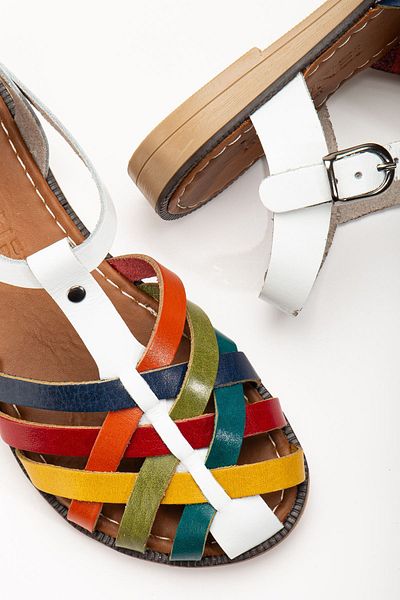 ELLOLİTA LUXURY SHOES 205-02 White Multi Orthopedic Genuine Leather Women's Sandals