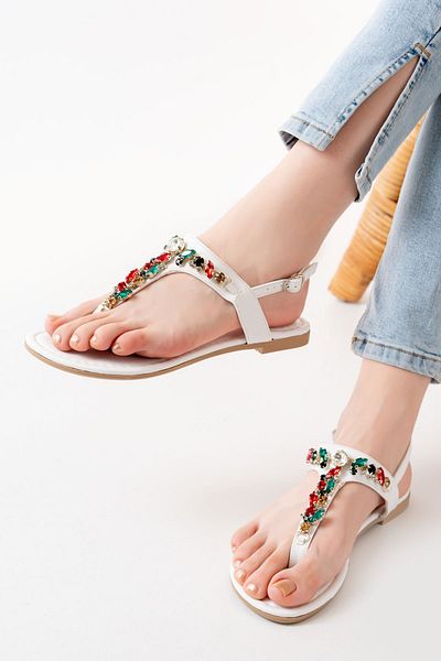 İNFON 152-1110 White Multi Stone Flip Flops Women's Sandals