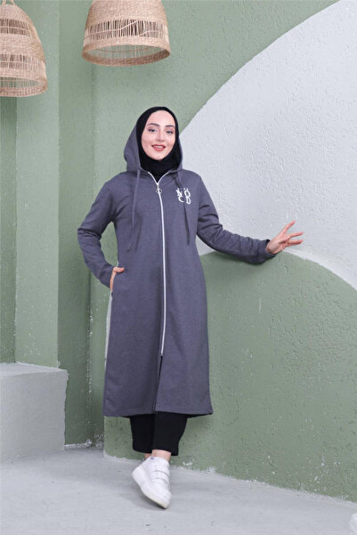 Bwest Yazı Baskılı Fermuarlı Kapşonlu Uzun Sweat - 03081.017 - Antrasit