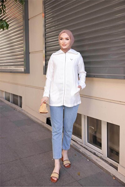 Bwest Destan Taş Λεπτομερές Μπουφάν με φερμουάρ - (38-46) - 71139 - Κρεμ