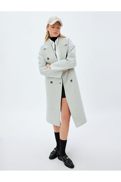 Koton Long Double Breasted Stamp Oversize Coat with Pockets