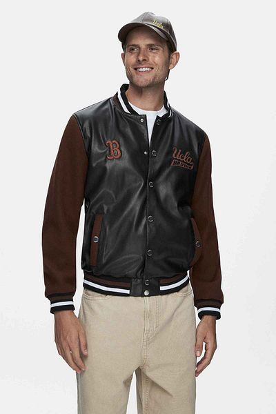 UCLA Kawelo Men's Black Embroidered Coat - Faux Leather and Stamp, Standard Fit