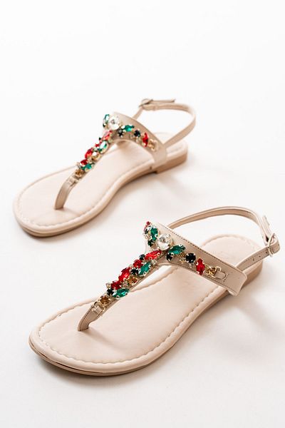 serkanseyyid 152-1110 Beige Multi Stone Flip Flops Women's Sandals