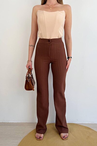 Mossta Brown Robin Striped Lycra Tube Leg Trousers