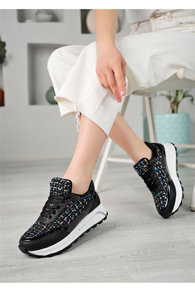 homiro Stone Patterned Lace-Up Women's Sneakers - Black