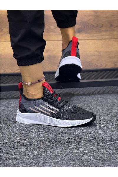 homiro Tricotaj cu șireturi Pantofi sport unisex-negru-alb-roșu