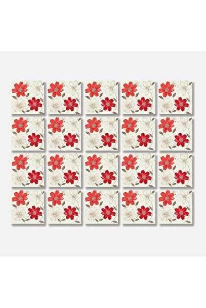 TİNK Kendinden Yapışkanlı Kırmızı Çiçek Desenli Pvc Karo 10x10 Cm 20'li Paket