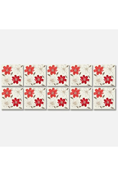 TİNK Kendinden Yapışkanlı Kırmızı Çiçek Desenli Pvc Karo 15x15 Cm 10'lu Paket