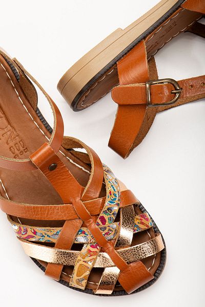 ELLOLİTA LUXURY SHOES 205-02 Tan Garni Orthopedic Genuine Leather Women's Sandals
