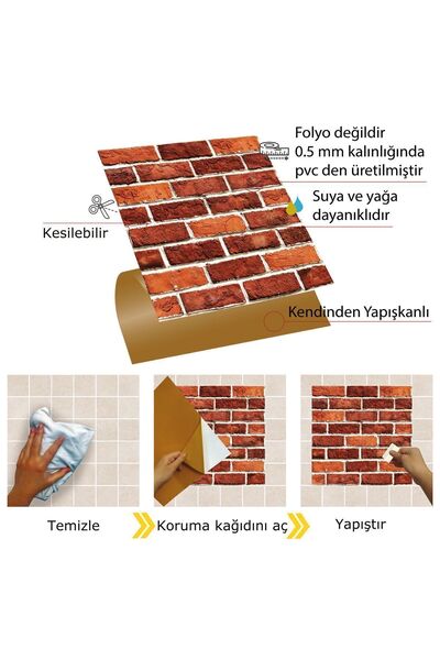 TİNK Kendinden Yapışkanlı Seramik Kaplama Kırmızı Tuğla Desenli Pvc Karo 30x30 Cm (4 ADET) 0,36 M2