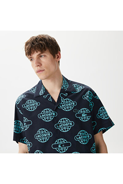 Lacoste Erkek Relaxed Fit Kısa Kollu Desenli Siyah Gömlek