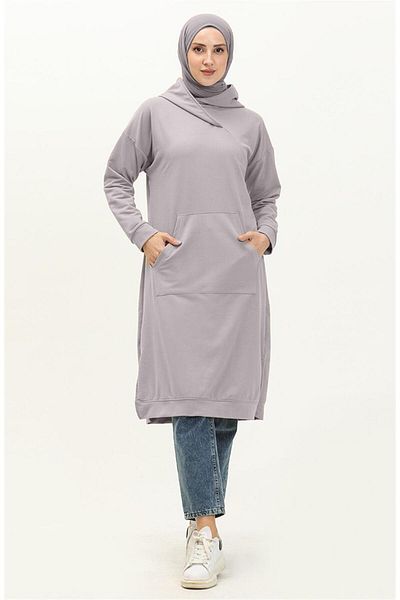 Bwest Aysima Collar Detailed Hooded Simple Basic Sweatshirt - 03032.008 - Gray
