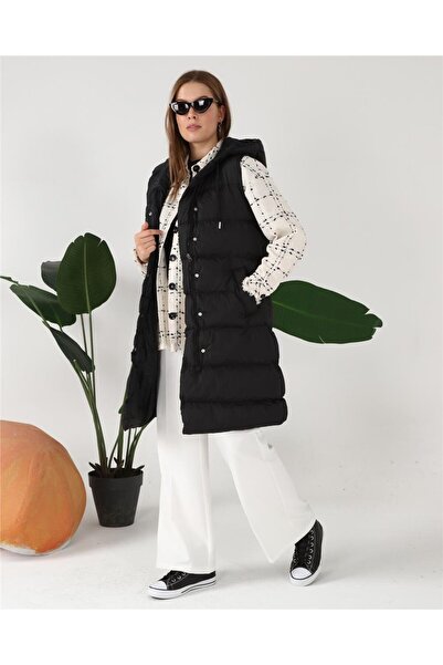 Bwest Αμάνικο φουσκωτό μακρύ γιλέκο με κουκούλα - 70040.003 - Μαύρο