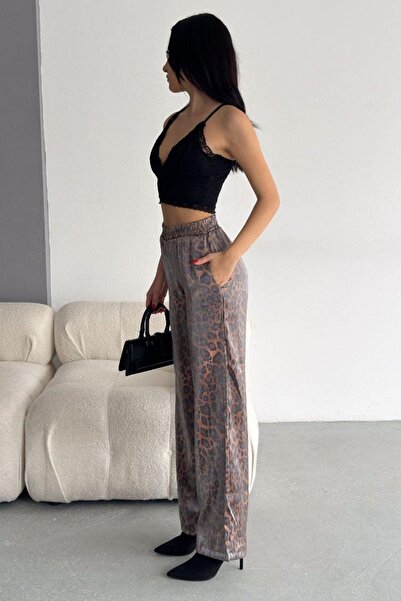 Mossta Patterned Palazzo Trousers with Elastic Waist Pockets Brown