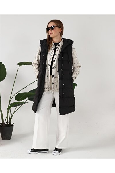 Bwest Hooded Sleeveless Puffer Long Vest - 70040.003 - Black