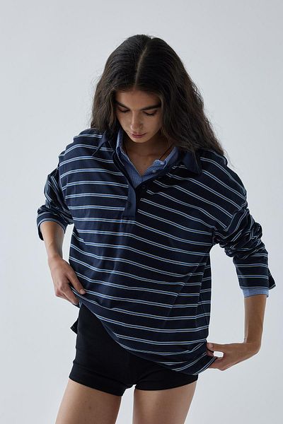 Suud Collection Navy Blue Striped Polo Collar T-Shirt