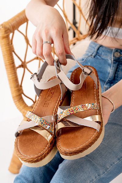 ELLOLİTA LUXURY SHOES 730-015 Beige Multi Orthopedic Genuine Leather Wedge Women's Sandals