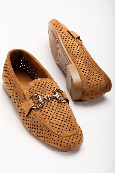 Moda Asmira 401 Tan Suede Perforated Daily Women's Ballerinas