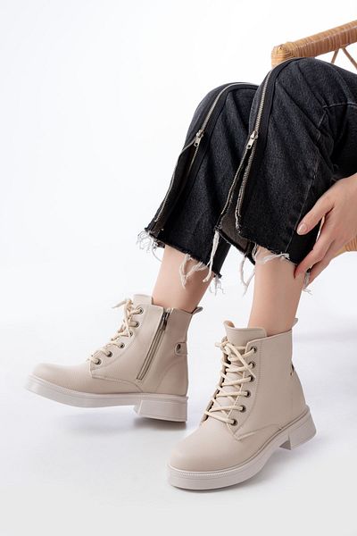 serkanseyyid Καθημερινές γυναικείες μπότες 02-2003 Beige Galata Lace Up με φερμουάρ