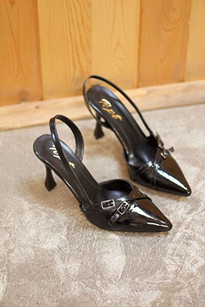 Mida Shoes Siyah Rugan Çift Tokalı Kadın Topuklu Ayakkabı