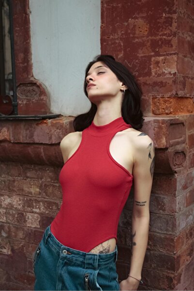 Toum Modessy Red Basic Ribbed Detail Crop Blouse