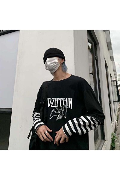 Toum MODESSY Led Zeppelin Baskılı Fake Sleeves Unisex Siyah T-shirt